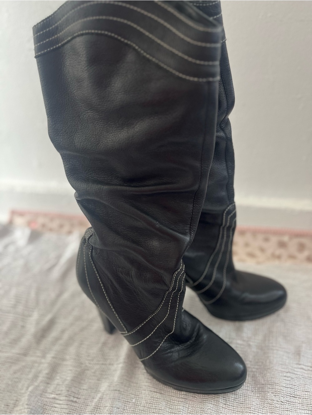 BCBGirls Black Leather Knee-High Heeled Boots with Contrast Stitching